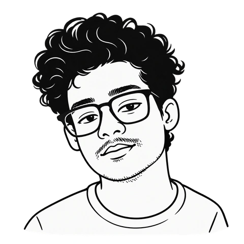Simple black-and-white cartoon of Sanjay with loose curly hair, thick glasses and light facial hair